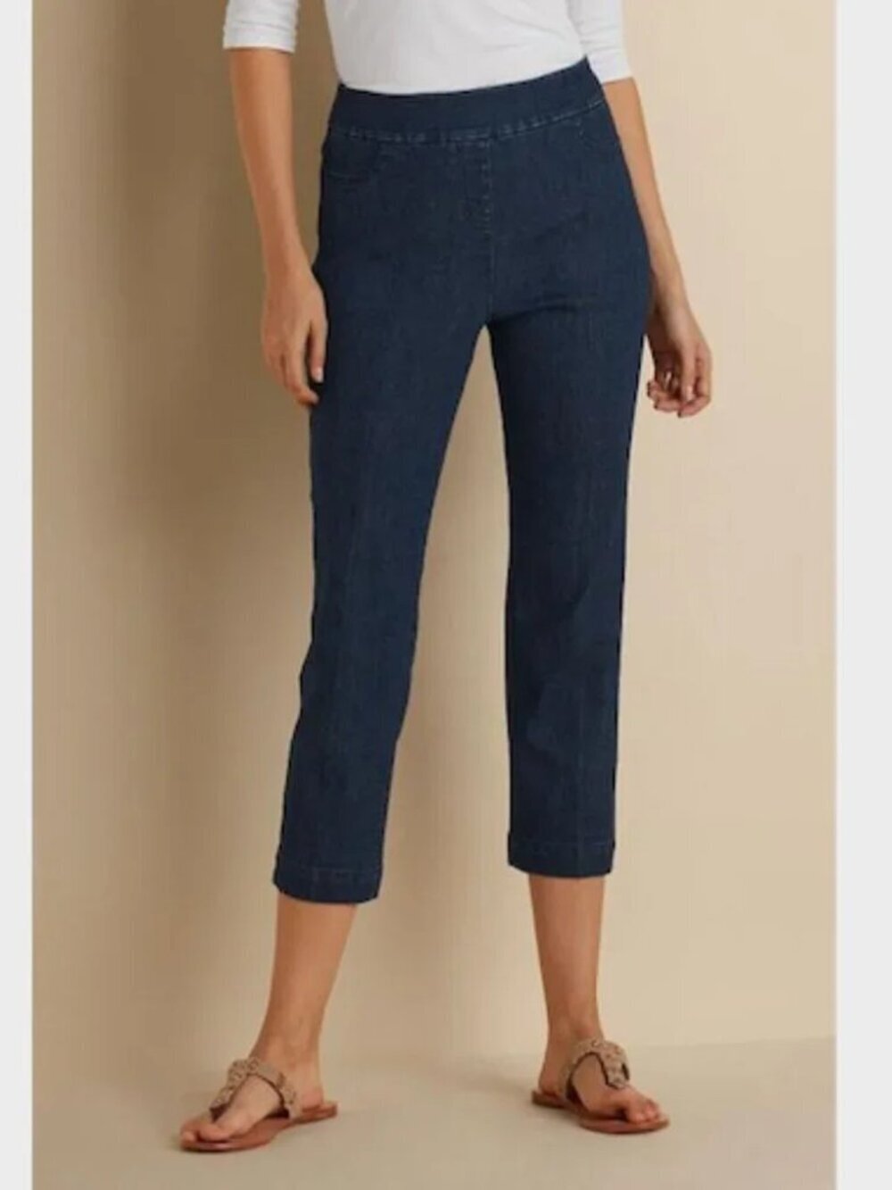 SOFT SURROUNDINGS SUPER STRETCH CAPRI PULL ON JEANS DARK BLUE DENIM